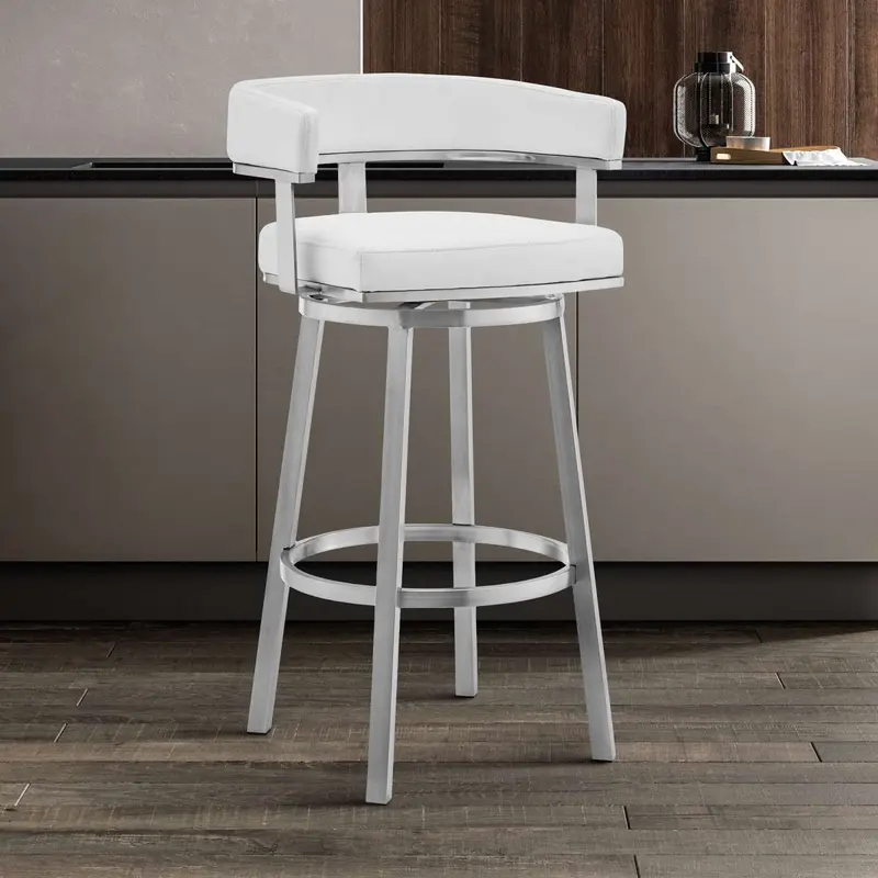 Cohen 26" White Faux Leather and Brushed Stainless Steel Swivel Bar Stool By Armen Living