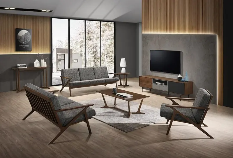 Compact 44" Grey Fabric And Walnut Veneer Loveseat By Homeroots