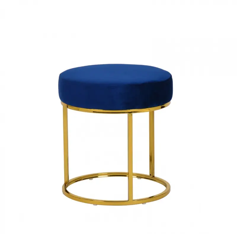 Compact Blue Velvet And Gold Round Ottoman By Homeroots