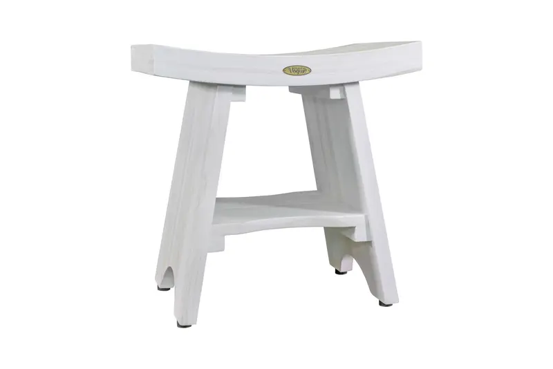 Compact Curvilinear Teak Shower Outdoor Bench with Shelf in Driftwood Finish By Homeroots