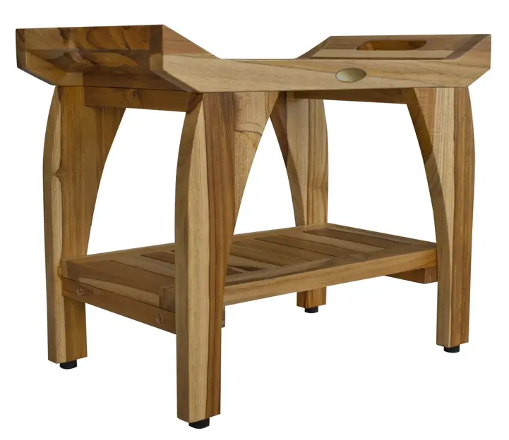 Compact Rectangular Teak Shower Bench with Handles in Natural Finish By Homeroots
