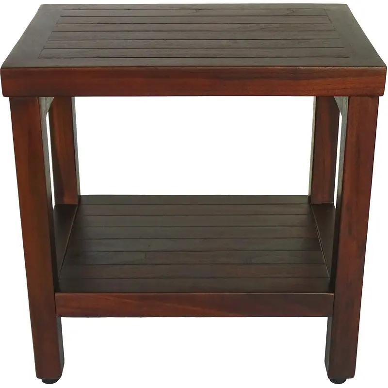 Compact Rectangular Teak Shower or Outdoor Bench with Shelf in Brown Finish By Homeroots