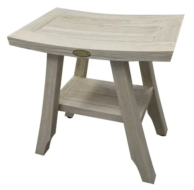 Compact Square Teak Shower Stool with Shelf in White Finish By Homeroots