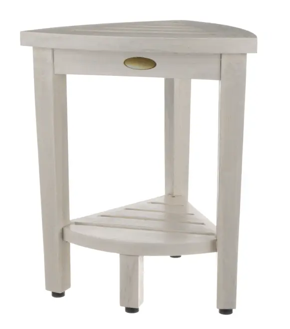 Compact Teak Corner Shower Stool with Shelf in Whitewash Finish By Homeroots