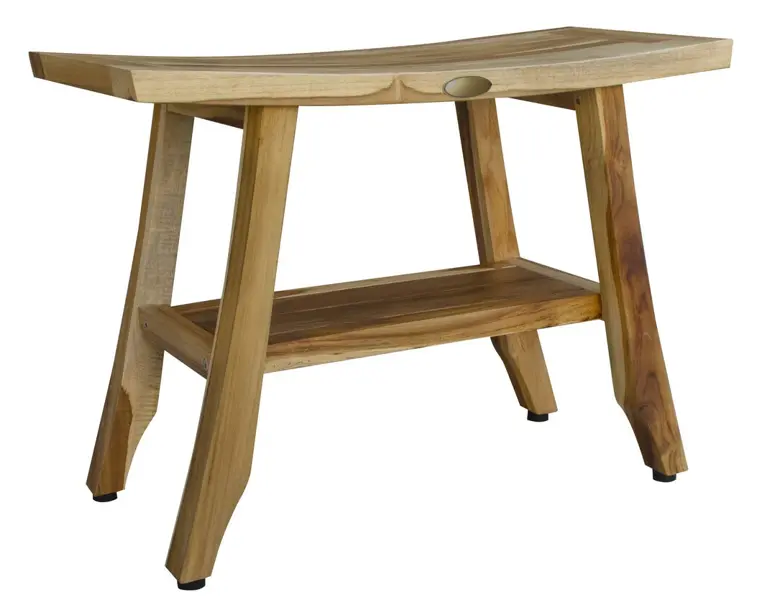 Compact Teak Rectangular Shower Outdoor Bench with Shelf in Natural Finish By Homeroots