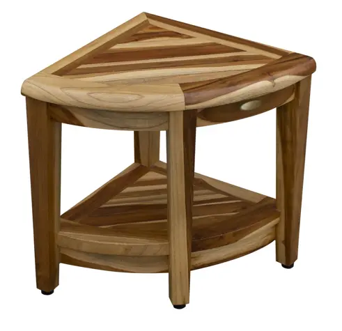 Compact Teak Wide Corner Shower Outdoor Bench with Shelf in Natural Finish By Homeroots