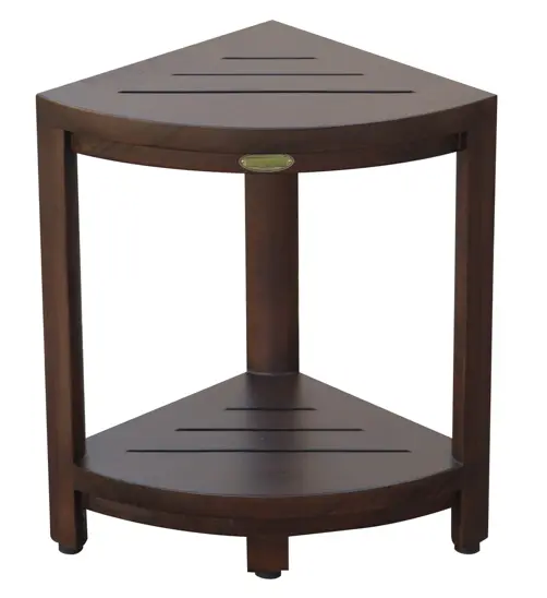 Compact Triangular Teak Shower Outdoor Bench with Shelf in Brown Finish By Homeroots