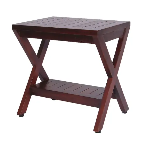 Compact X Shape Teak Shower Outdoor Bench with Shelf in Brown Finish By Homeroots