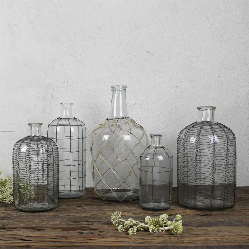 Conde Glass Bottle, Wire Grid - Small Set Of 2 By HomArt