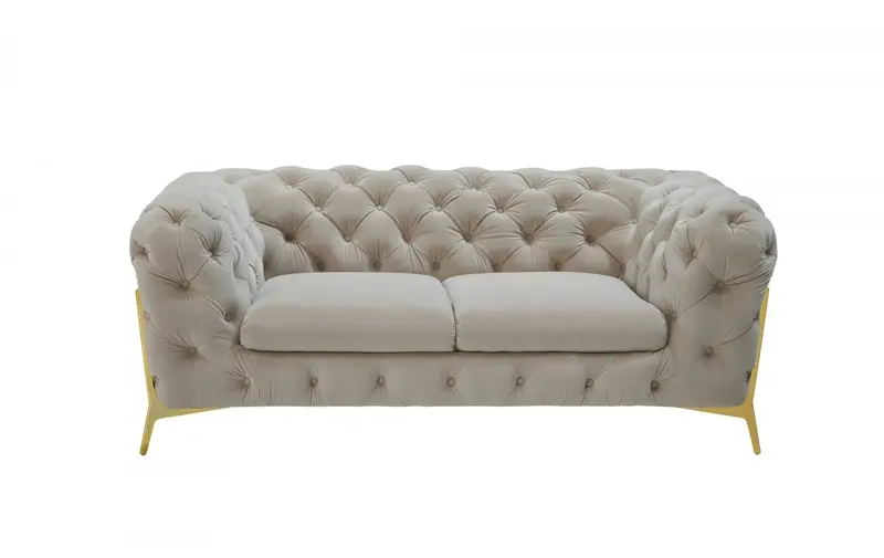 Contemporary 74" Beige Velvet And Gold Loveseat By Homeroots