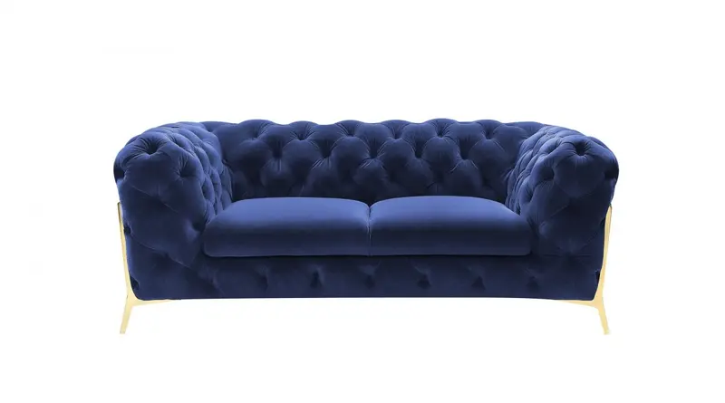 Contemporary 74" Blue Velvet And Gold Loveseat By Homeroots