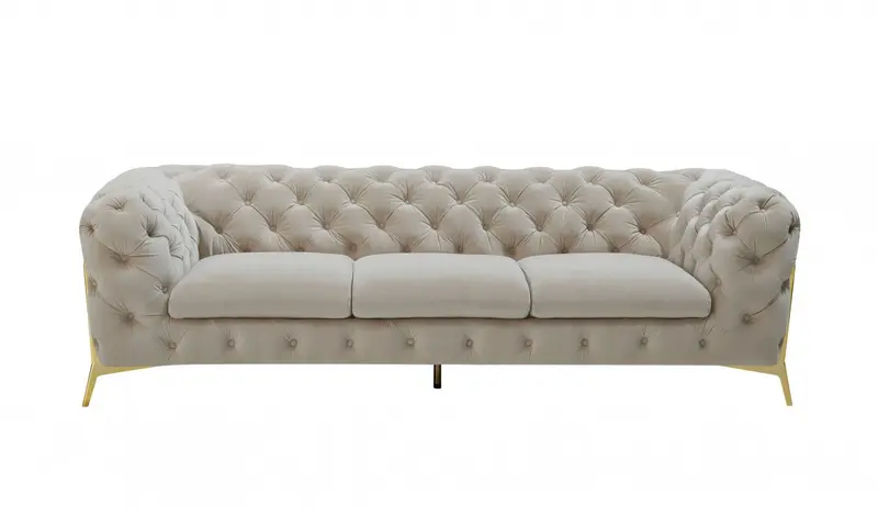 Contemporary 97" Beige Velvet And Gold Accent Sofa By Homeroots