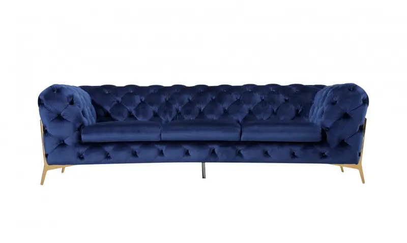 Contemporary 97" Blue Velvet And Gold Accent Sofa By Homeroots