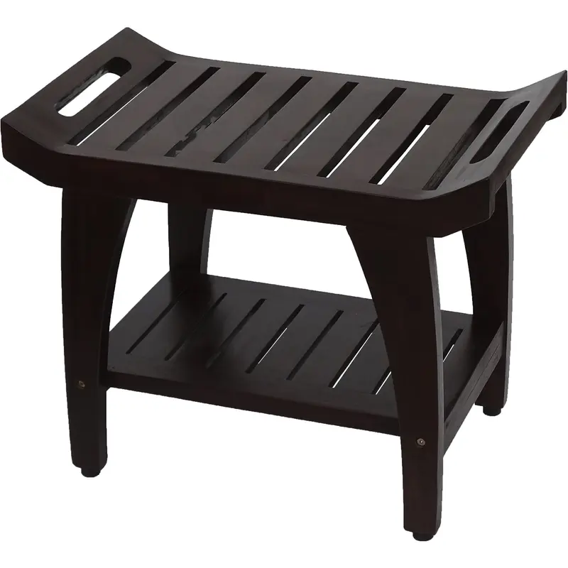 Contemporary Teak Shower Bench with Shelf and Handles in Brown Finish By Homeroots - 376682