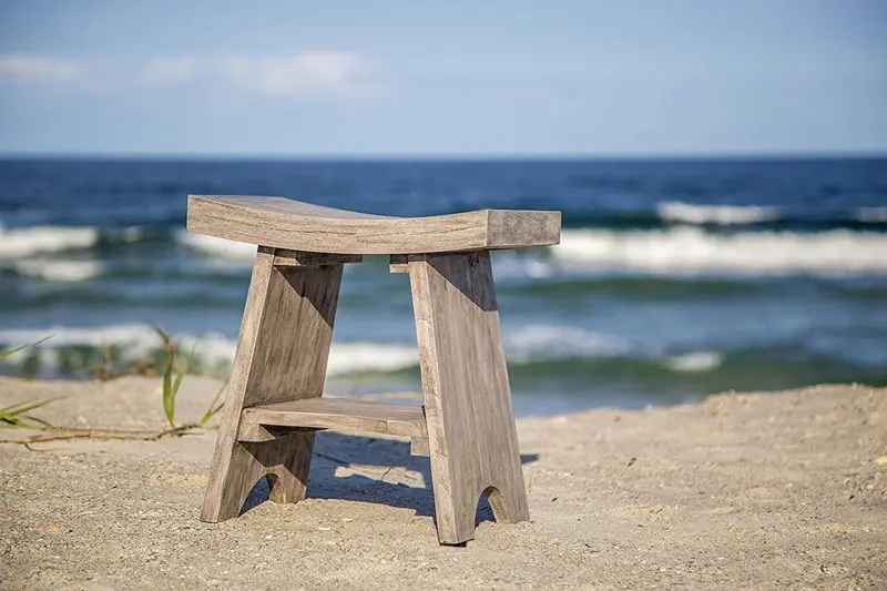 Contemporary Teak Shower or Bench with Shelf in Gray Finish By Homeroots