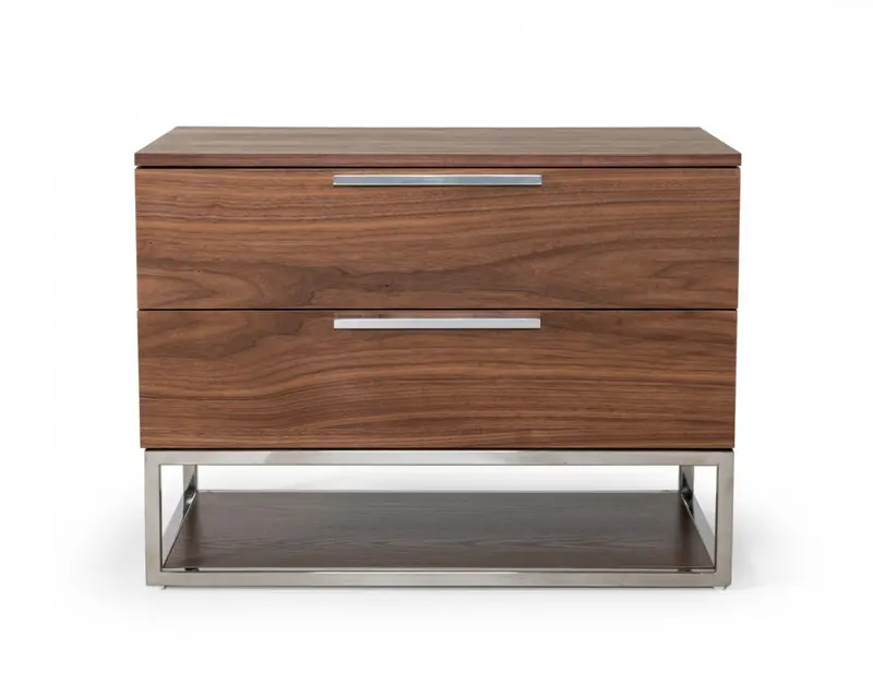 Contemporary Walnut And Stainless Steel Nightstand With Two Drawers By Homeroots
