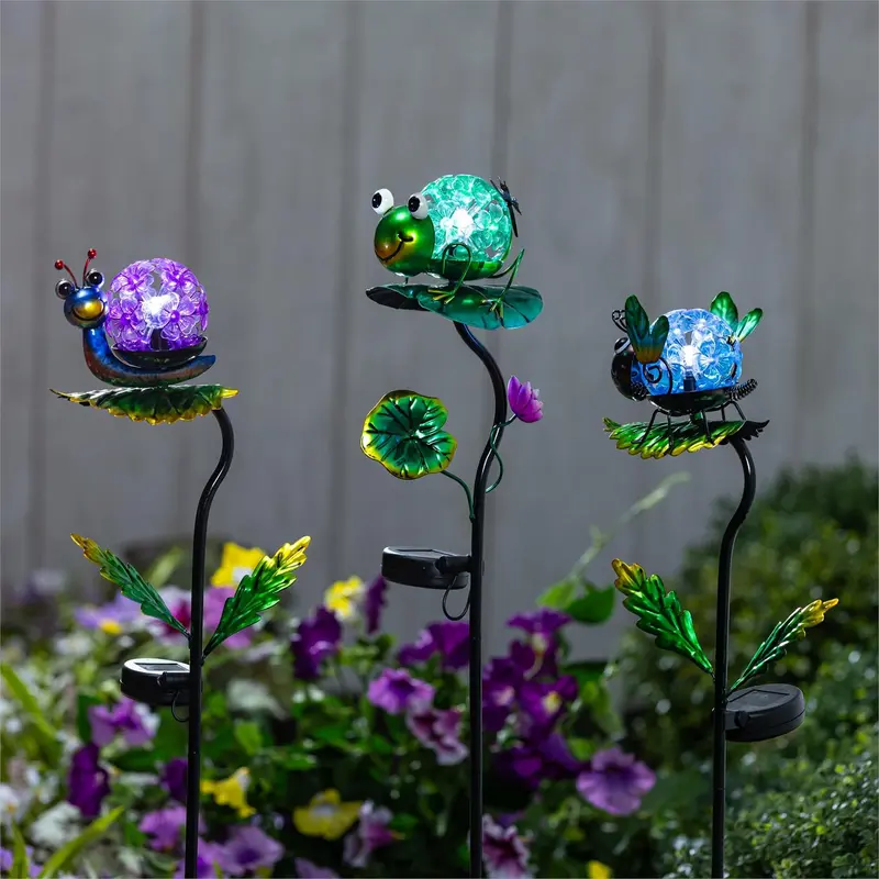 Cottage Garden Ant/Frog/Snail Flower Ball Solar Garden Stake with Metal Display, 3 Asst, 12 Pcs