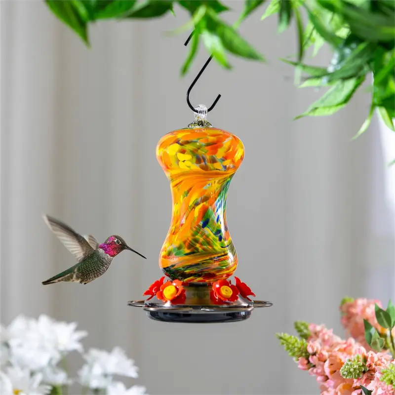Cottage Garden Bird Feeder, Art Glass Swirl Hummingbird Feeder