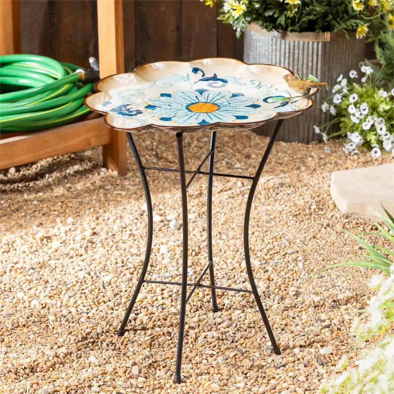 Cottage Garden Birdbath, Metal Blue Perched Bird with Stand