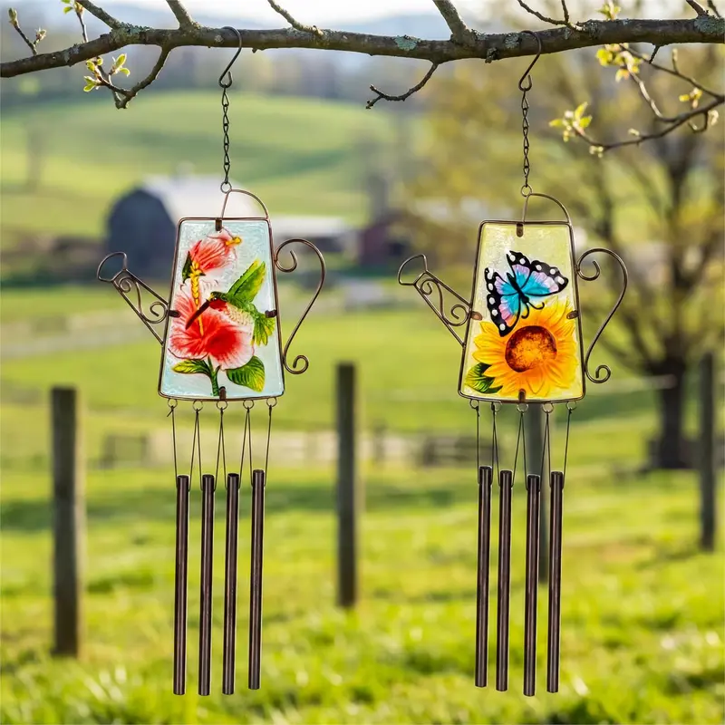 Cottage Garden Decorative Wind Chime, Glass, Watering Can Shape, Asst of 2