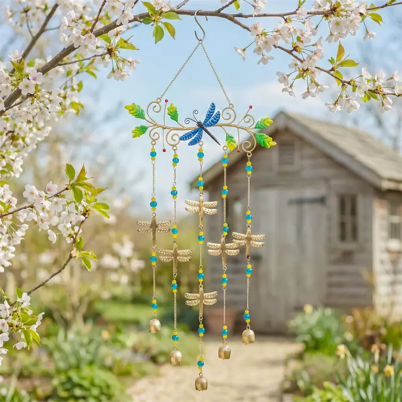 Cottage Garden Decorative Wind Chime, Metal, Dragonflies with Leaves