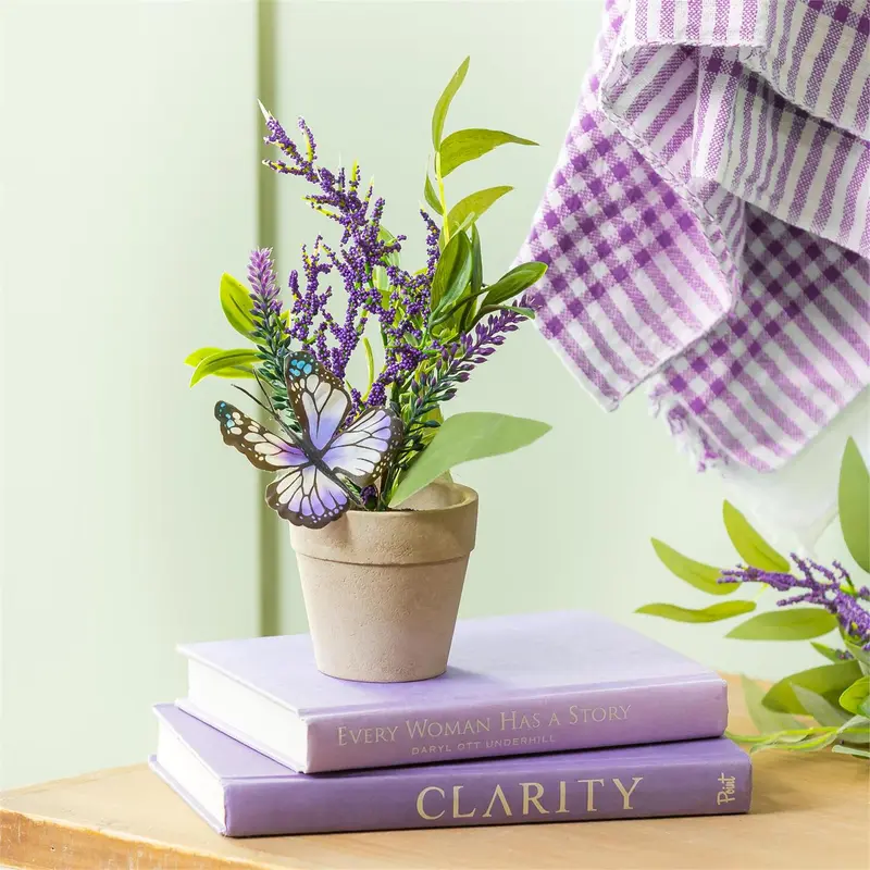 Cottage Garden Faux Floral Table Decor Artificial Lavender Butterflies, 9.75"H, In Wood Tray