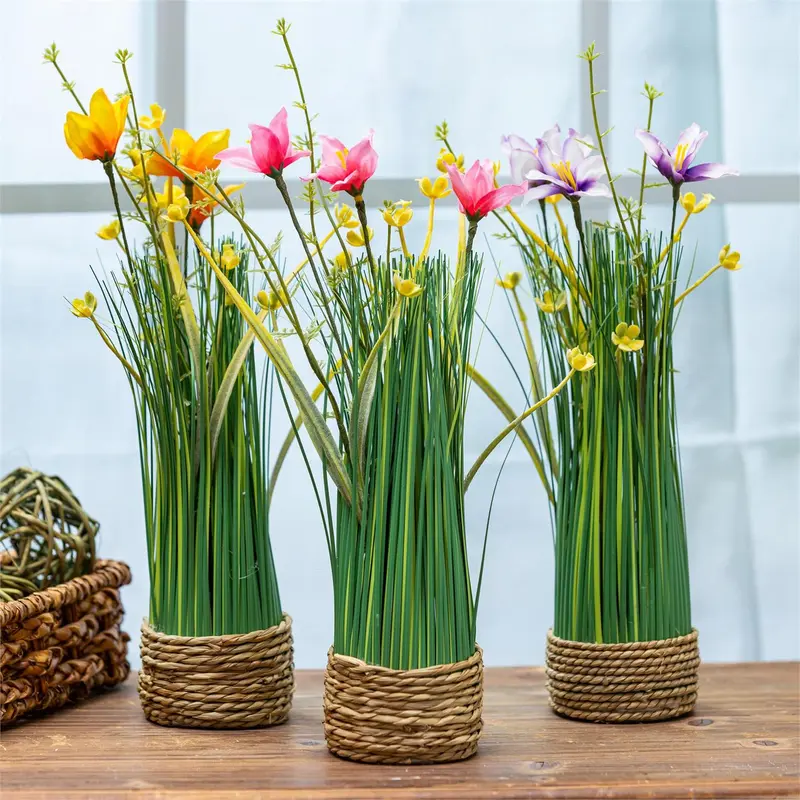 Cottage Garden Faux Floral Table Decor Floral Grass in Pot, 13.75"H, Asst of 3