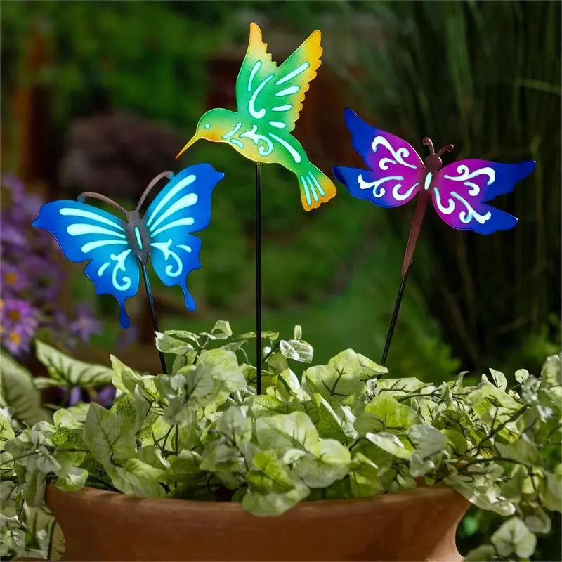 Cottage Garden Glow in the Dark Metal Butterfly/DragonFly/Hummingbird Stake 28"H, 3 Assorted, 24PCS