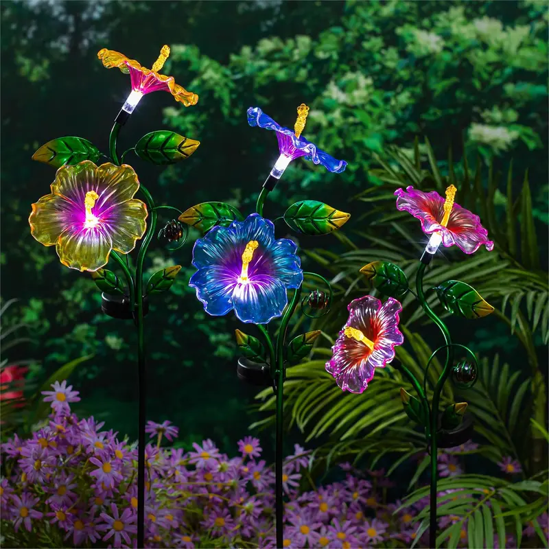 Cottage Garden Hibiscus Solar Garden Stake,3 Assorted, 6PCS CDU