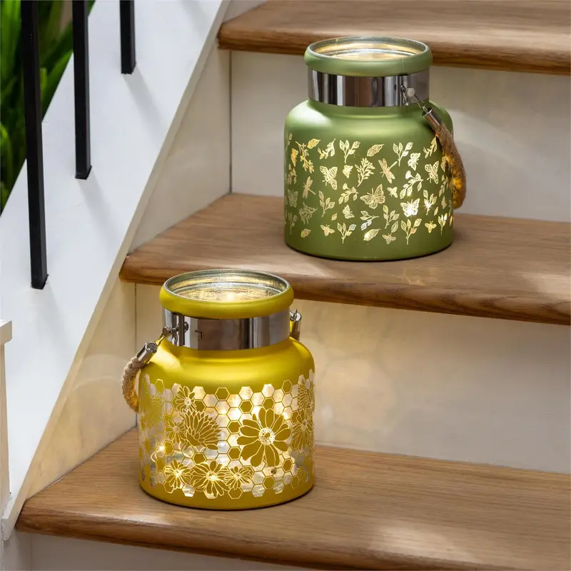 Cottage Garden LED Table Decor Glass Lantern Program, Asst of 2, 8"H