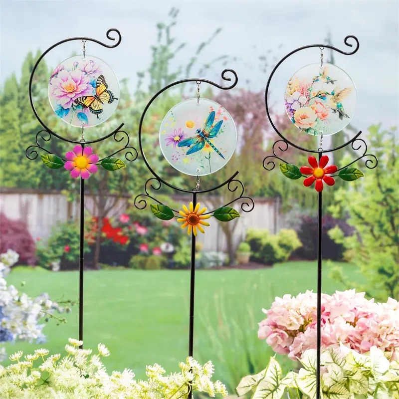 Cottage Garden Metal and Glass Stake, 3 Assorted, 12PCS CDU