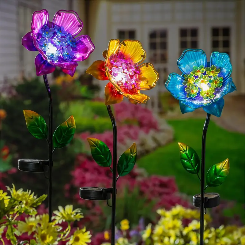Cottage Garden Metal and Plastic Colorful Flower Solar Garden Stake, 3 Assorted, 9PCS CDU