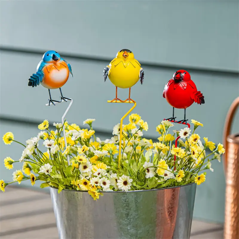 Cottage Garden Metal Bird Plant Pick, 3 Assorted, 24PCS in the Bucket Display