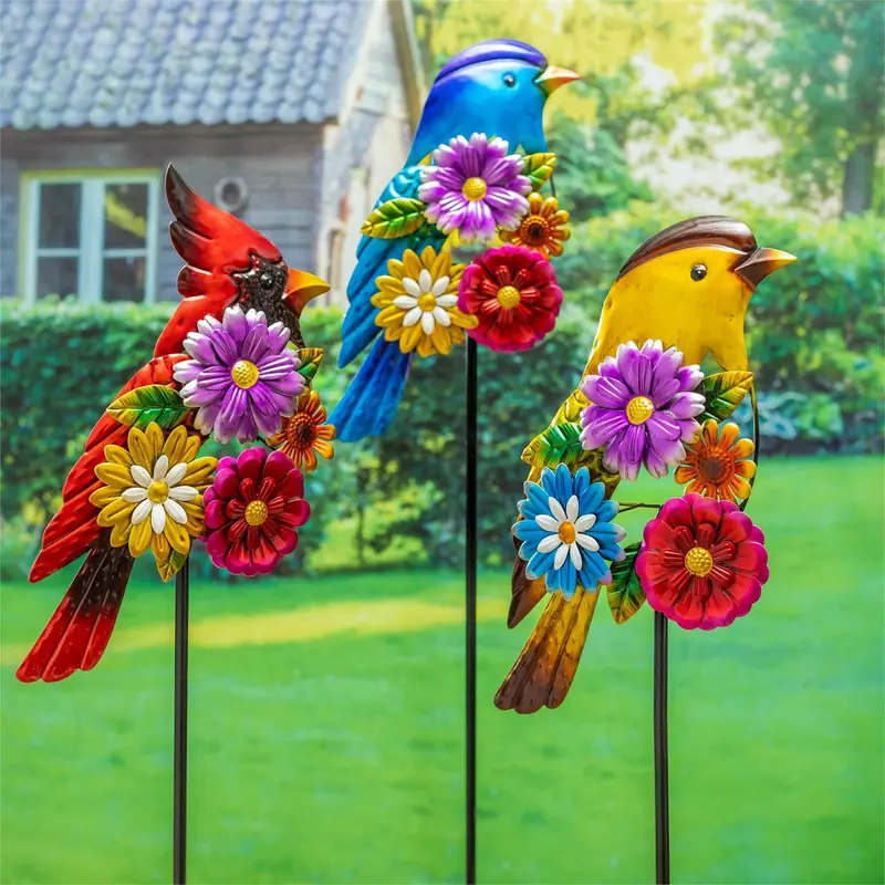 Cottage Garden Metal Birds with Flower Stake 38"H, 3 Assorted, 12PCS CDU