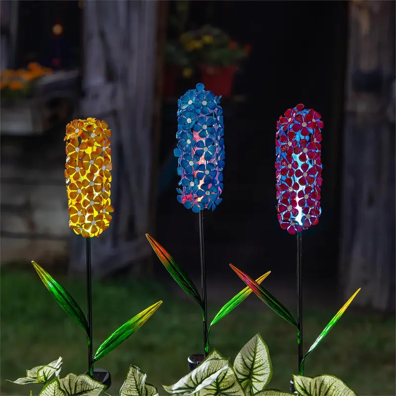 Cottage Garden Metal Optical Hydrangea Solar Garden Stake, 3 Assorted, 12PCS CDU