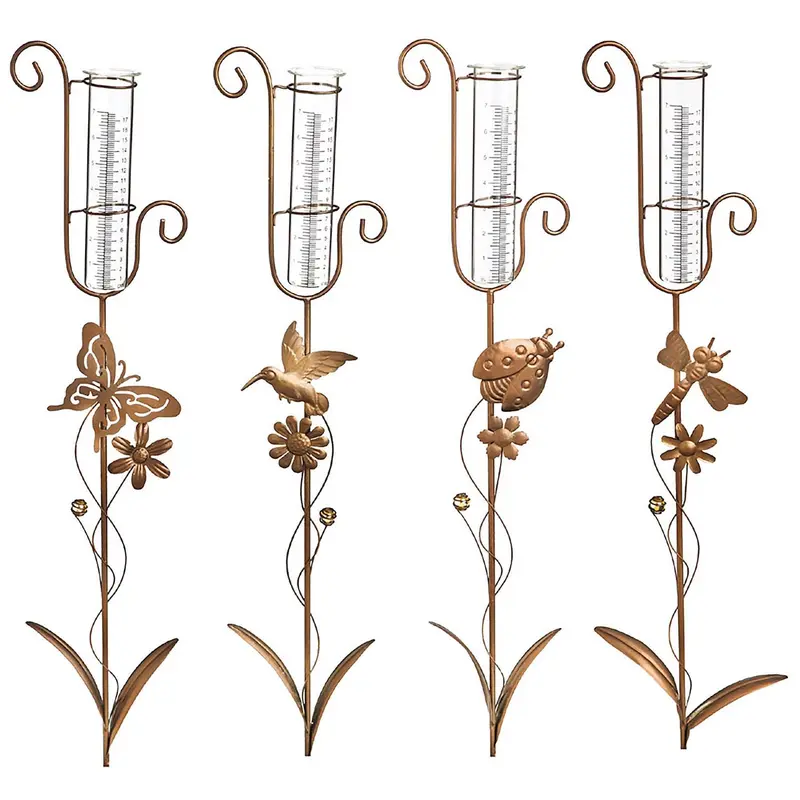 Cottage Garden Metal Pollinators Rain Gauge Garden Stake with Metal Display, 4 Asst, 12 Pcs
