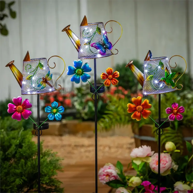 Cottage Garden Metal Twinkling Lights Watering Can Stake 36"H, 3 Assorted, 12PCS CDU