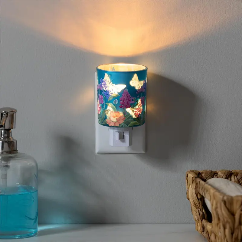 Cottage Garden Nightlight Glass Floral with Butterfly Cut Outs, Blue