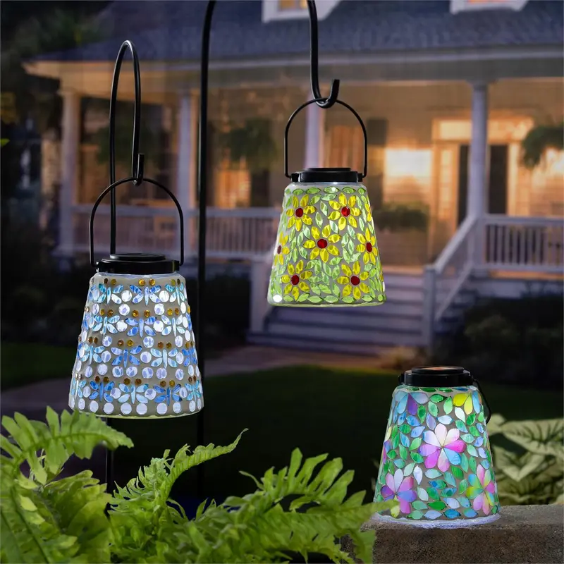 Cottage Garden Outdoor Lamp & Lighting Mosaic Glass Solar Lantern, 3 Assorted, 2 Of Each