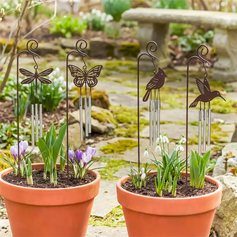 Cottage Garden Plant Pick with Wind Chime, Metal, 4 designs, 6 of Each, Total 24 Program
