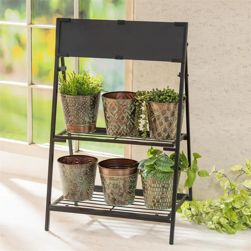 Cottage Garden Planters, Metal, Embossed Planters with 2-Tier Plant Stand Program