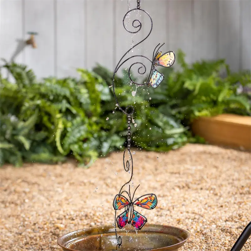 Cottage Garden Rain Chain, Metal & Glass Butterfly, 62"