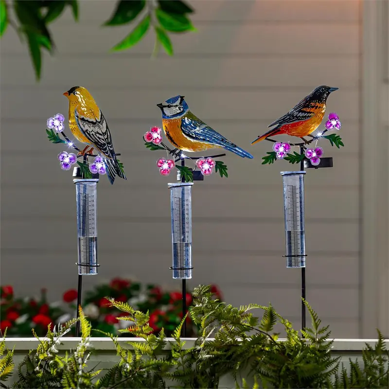 Cottage Garden Rain Gauge, Spring Bird Solar Rain Gauge Garden Stake, 36", CDU