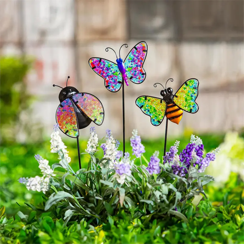 Cottage Garden Stake Printed Mosaic Pollinator Plant Pick with Bucket, 20"H, 3 Asst, 24 Pcs