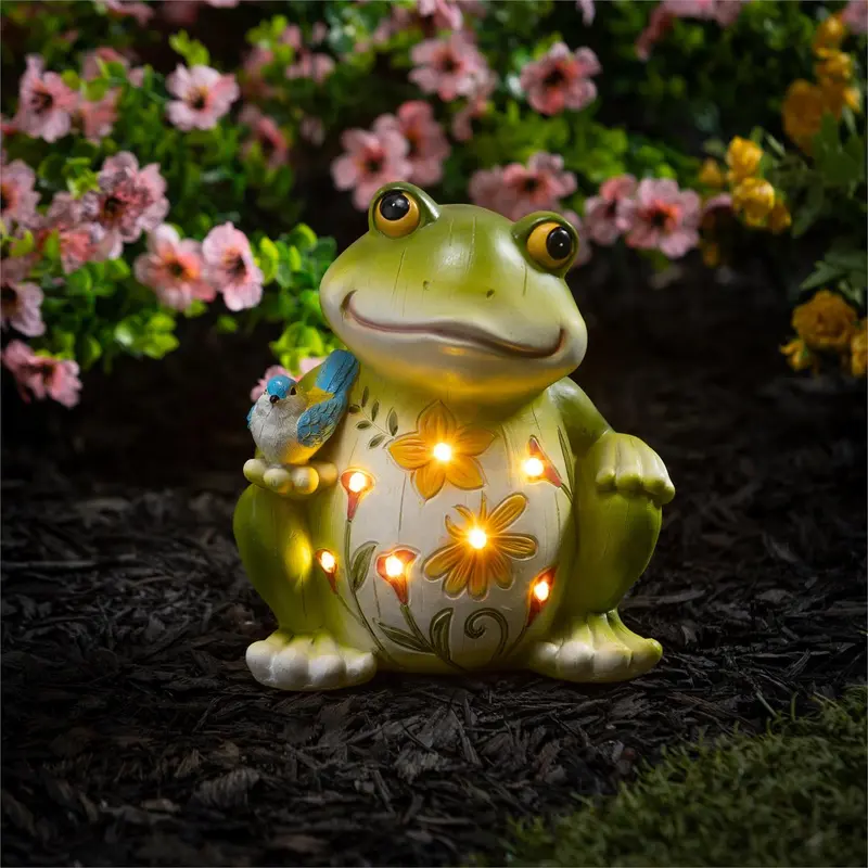 Cottage Garden Statue, LED Resin Floral Frog With Bird Statue, 8"H