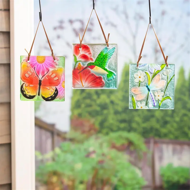 Cottage Garden Suncatcher, Handpainted Embossed Glass Floral Botanicals, 4.5", Asst of 3, CDU