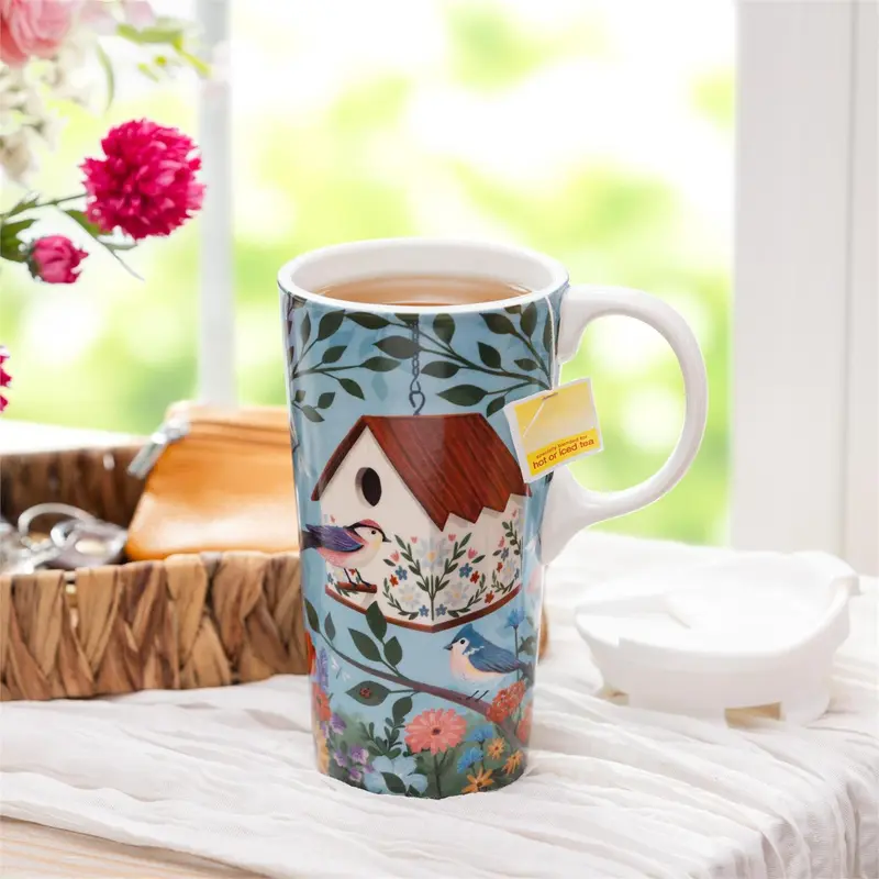 Cottage Garden Travel Cup Ceramic Perfect Cup, Birdhouse, 17oz, Gift Box