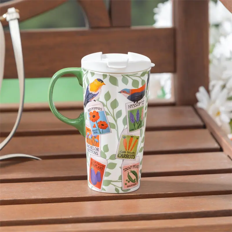 Cottage Garden Travel Cup Ceramic Perfect Cup, Colorful Birds, 17oz, Gift Box