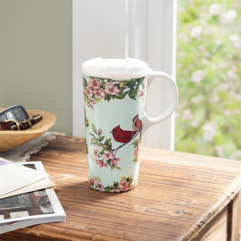 Cottage Garden Travel Cup Ceramic Perfect Cup, Floral Cardinals, 17oz, Gift Box