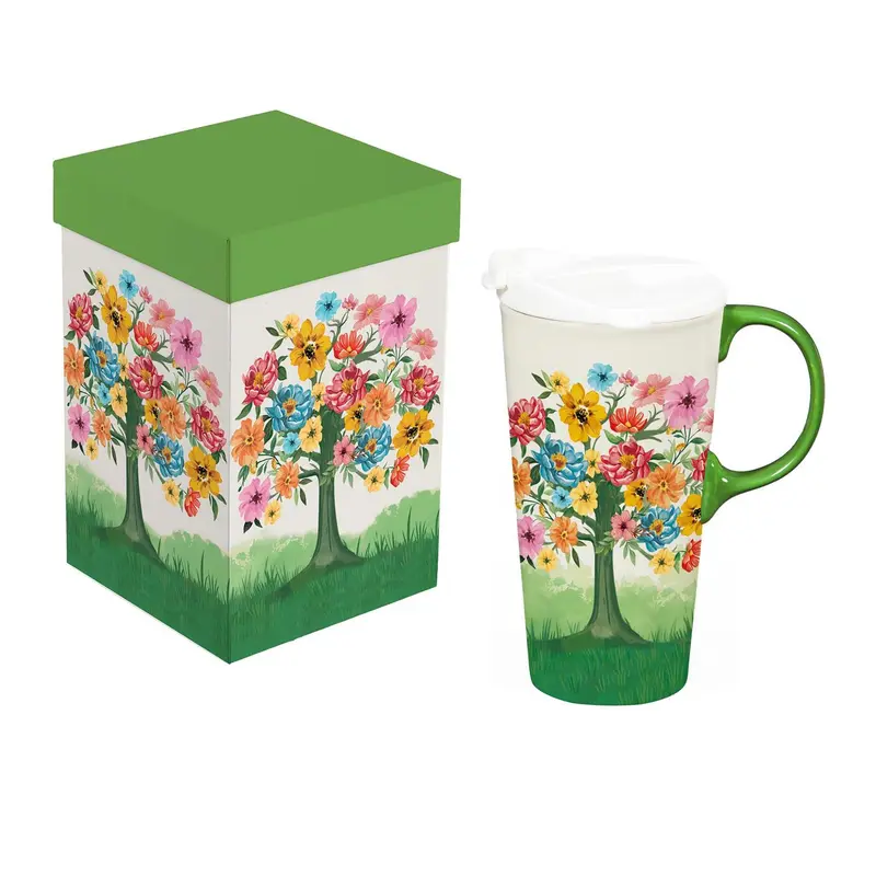 Cottage Garden Travel Cup Ceramic Perfect Cup, Floral Tree, 17oz, Gift Box